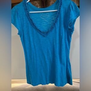 INC International Concepts Blue Ruffled Short Sleeve T-Shirt
